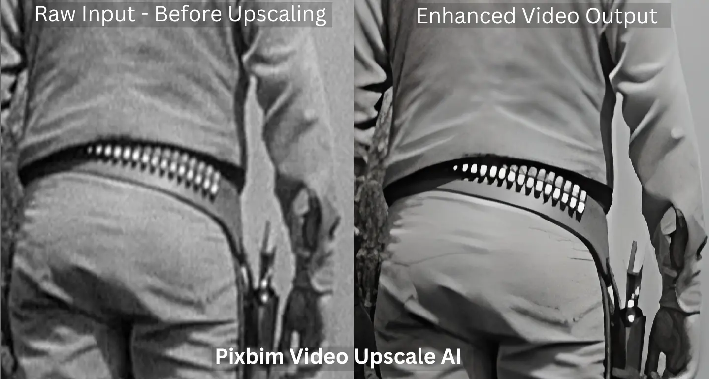 Screenshot shows before and after upscaling of a video. A Frame has been choosen and differentiated to illustrate enhanced output